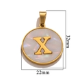 Golden stainless steel round shell pendant featuring letter X with size measurements - Gold X