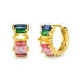 Detailed macro of gold-plated huggie earrings with colorful rainbow cubic zirconia - Rectangle Cut Rainbow Gemstone Huggies