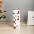 Close-up of 20oz stainless steel tumbler with Santa Claus and Christmas patterns - White Christmas Line Art