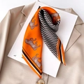 Elegant silk scarf featuring orange geometric patterns and horse motifs on a blazer - 70*70cm / 30115-Orange Abstract Horse