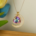 Collier plaqué or 18 carats avec croissant de lune en zircon et pendentif cœur violet - Dégradé Violet et Bleu