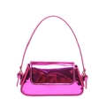 Glossy metallic pink patent leather underarm handbag with retro silver buckle detail - Rose Red