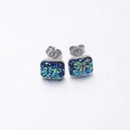 Square stud earrings with iridescent blue-green druzy stone in silver metal setting - Magic Blue-Green (19)