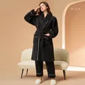 Plush fleece men's pajamas set in charcoal grey with white piping and waist tie belt - Black Grey Women