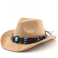 Vintage camel suede cowboy hat featuring turquoise stone and beaded decorative band - M (56-58cm) / Camel