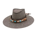 Bohemian wide brim cowboy hat in grey with turquoise beads and sun protection design - One Size / Gray