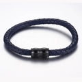 Men's navy blue braided leather bracelet featuring a matte black magnetic metal clasp - Navy Blue (KB115244-KFC)