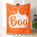 Coperta di Halloween in flanella arancione con zucca bianca e scritta Boo decorativa - Stile Zucca Arancione Boo (71033-13)