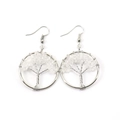 Detail of handmade silver tree of life earrings with clear crystal stones in a round frame - 3cm / Silver & White Crystal