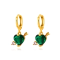 Cupid's heart hoop earrings in gold finish featuring a green heart-shaped gemstone - KC Gold - Green Heart Arrow Earrings