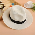 Classic cream woven straw fedora hat with a black ribbon band for women's summer vacation - M (56-58cm) / Cream