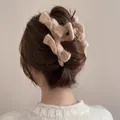 Winter plush bow hair claw clip in beige knit fabric for elegant ponytail styling - Large Double Bow / 13cm / Milk Tea Double Bow