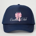 Navy mesh trucker hat featuring Cocktail Club embroidery and a pink bow detail - Navy Blue