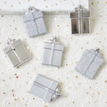 Silver Christmas gift box ornaments with glitter and shiny finish on white faux fur - Silver Gift Box 6-Piece Set