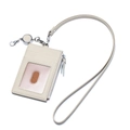 Cream white leather ID card holder with zipper pocket and retractable neck lanyard - Milk White