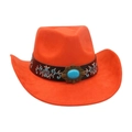 Orange western cowboy hat with turquoise stone and floral embroidery on a brown leather band - Orange [Wide Leather Embroidery]