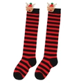 Close-up of red and black striped kids Christmas stockings with 3D reindeer doll decor - Kids (7-12 Years Old) / Thin Red Black Stripes / Red Hat Reindeer