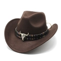 Détail d'un chapeau de cowboy avec tête de taureau vintage et ruban à motif ethnique - Café