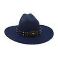 Navy blue wool wide brim fedora hat with brown leather band and turquoise beads - One Size / Navy Blue