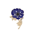 Blue enamel poppy flower brooch with sparkling rhinestones and golden metal stem - Blue Poppy (C1655-BLU)