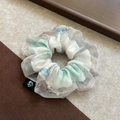 Lace scrunchie with blue and white floral patterns and small black logo tag detail - Q703-4 Mesh Flower Butterfly Print