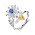 Silver rotating open ring with daisy and bee motifs featuring colorful zircons - Bee Daisy - Blue Zirconia