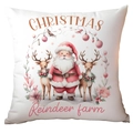 White Christmas pillow cover with watercolor Santa, reindeer and Christmas farm text - Reindeer Farm