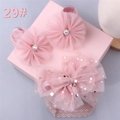 Close-up of baby girl pink lace headband with sequined tulle bow and rhinestone floral clips - Style 29 (Pink Mesh Flower Clip/Bow Set)