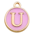Round gold-plated alphabet charm with pink enamel and letter U for DIY jewelry making - Double-Sided Letter U / 1 Piece (12x14mm) / Pink