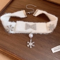 Winter white fuzzy choker featuring crystal bow, snowflake charms, and drop pearl - Rhinestone Bow Snowflake Pearl Choker