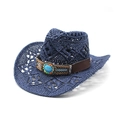 Cappello di paglia denim blu scuro traforato con decorazione bohémien in turchese - M (56-58cm) / Blu navy