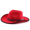 Detailed view of the red wool cowboy hat with black braided brim and leather belt buckle - Red (Black Edge)