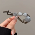 Barrette banane vintage française en résine grise avec perles marbrées et strass - Pince Torsadée Perle Effet Marbre / 10.5cm / Gris Tie-Dye