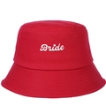 Detail of red cotton bucket hat featuring white Bride embroidery for wedding parties - Rose Red