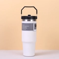 White stainless steel insulated coffee mug with black handle and 3-way drinking lid - 30oz/900ML / Handheld Style / White