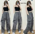 Men's wide-leg cargo pants in dark grey featuring elastic waist and side pockets - S / Dark Gray