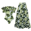 Two-piece ruffled bandeau top and maxi skirt set with green hydrangea floral print - S / Green Hydrangea Set