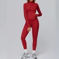 Women's dark red brushed yoga set with zip-up jacket and high waisted compression leggings - S / Top And Bottom / Red