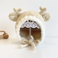 Cute light brown baby winter knit hat with reindeer antlers and warm ear flaps - Camel Deer - Lined