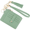 Portacarte sottile in vera pelle verde chiaro con cinturino e nappina - Verde