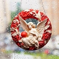 Detail of round acrylic angel ornament with red roses and silver hanging chain - Angel Holding Ball-Red Wreath