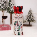 Christmas gnome wine bottle cover in beige linen with red buffalo plaid neck and ribbon - Plaid Hat Gnome Wine Sleeve