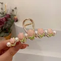 Pink tulip hair claw clip with white pearls and gold finish for women's hairstyles - Peach Tulip Metal Hair Claw