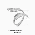 Anillo de hoja ajustable en acero inoxidable plateado con textura y diámetro de 1,7 cm - Anillo de Hoja Color Acero