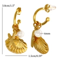 Detailed view of gold starfish shell earrings with pearl dangles and dimension measurements - Gold Starfish Shell Earrings (E1399G)