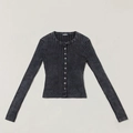 Nauwsluitend gewassen zwart geribd gebreid vest met lange mouwen en knoopsluiting voor - S / Gewassen Zwart