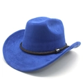 Macro shot of bright blue suede western hat with brown braided band and metal buckle detail - M(56-58cm) / Royal Blue (Suede)