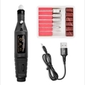 Portable electric black nail drill set with 6 metal bits and USB power cable for manicure - USB-A / Black