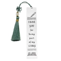 Detailed shot of silver steel bookmark with green tassel and 'Thank You' teacher gift text - A15-Green Tassel Thank You Story