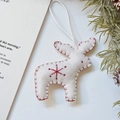 Handmade white wool felt reindeer ornament with red snowflake embroidery for Christmas decor - Elk / 10.5x9.5cm / White